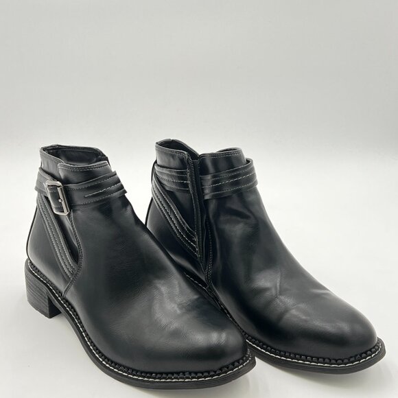 Black Women Side Zip Closed Toe Block Heel Buckle Strappy Ankle Boots Dress Shoe - Picture 3 of 6